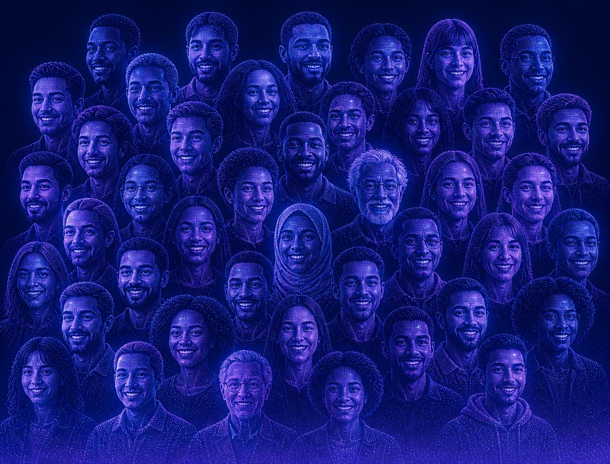 Grid of synthetic participant portraits rendered as indigo point clouds