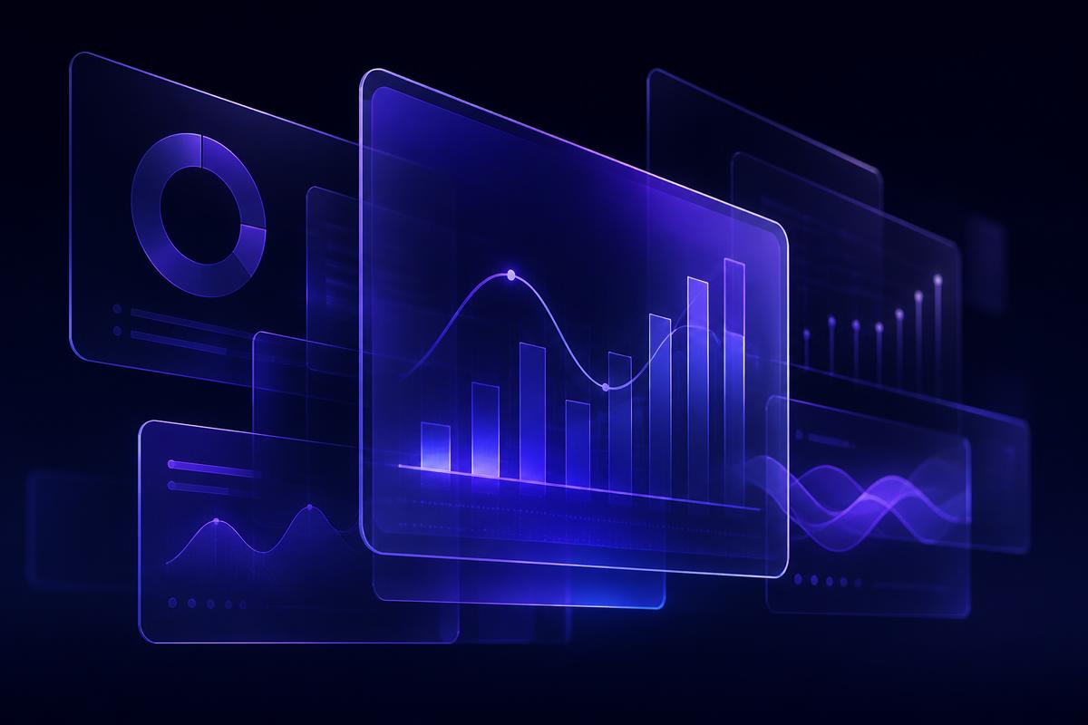 Layered translucent analytics panels showing charts from a synthetic study report